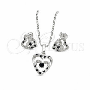 Juego de Arete y Dije de Adulto 10.233.0032.5 Rodio Laminado, Diseño de Corazón, con Zirconia Cubica Negro y Blanca, Pulido, Rodinado