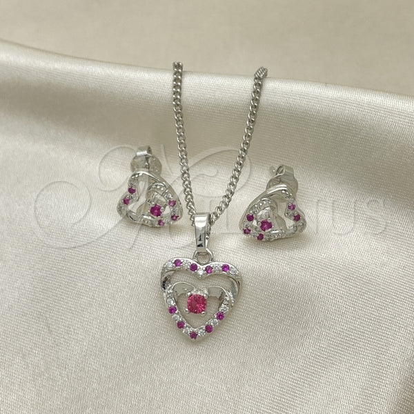 Juego de Arete y Dije de Adulto 10.233.0032.6 Rodio Laminado, Diseño de Corazón, con Zirconia Cubica Rubi y Blanca, Pulido, Rodinado