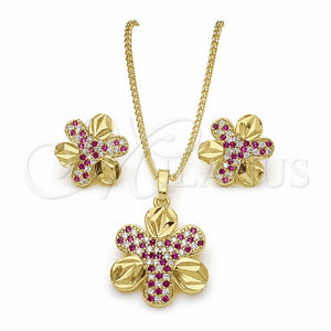 Juego de Arete y Dije de Adulto 10.233.0033.2 Oro Laminado, Diseño de Flor, con Rubi and Blanca Zirconia Cubica, Pulido, Tono Dorado