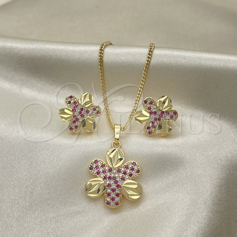 Juego de Arete y Dije de Adulto 10.233.0033.2 Oro Laminado, Diseño de Flor, con Rubi and Blanca Zirconia Cubica, Pulido, Tono Dorado