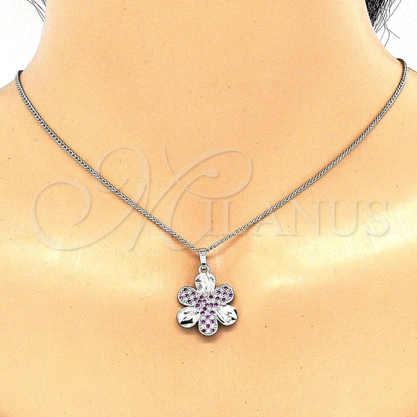 Juego de Arete y Dije de Adulto 10.233.0033.6 Rodio Laminado, Diseño de Flor, con Zirconia Cubica Rubi y Blanca, Pulido, Rodinado