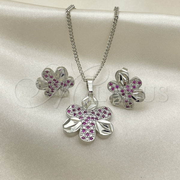 Juego de Arete y Dije de Adulto 10.233.0033.6 Rodio Laminado, Diseño de Flor, con Zirconia Cubica Rubi y Blanca, Pulido, Rodinado