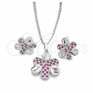 Juego de Arete y Dije de Adulto 10.233.0033.6 Rodio Laminado, Diseño de Flor, con Zirconia Cubica Rubi y Blanca, Pulido, Rodinado