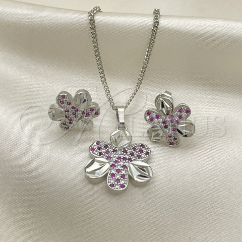 Juego de Arete y Dije de Adulto 10.233.0033.6 Rodio Laminado, Diseño de Flor, con Zirconia Cubica Rubi y Blanca, Pulido, Rodinado