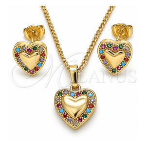 Juego de Arete y Dije de Adulto 10.233.0034 Oro Laminado, Diseño de Corazón, con Multicolor Micro Pave, Pulido, Tono Dorado