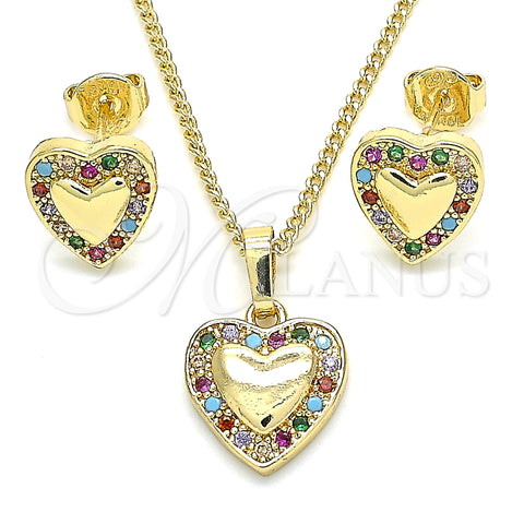 Juego de Arete y Dije de Adulto 10.233.0034 Oro Laminado, Diseño de Corazón, con Multicolor Micro Pave, Pulido, Tono Dorado