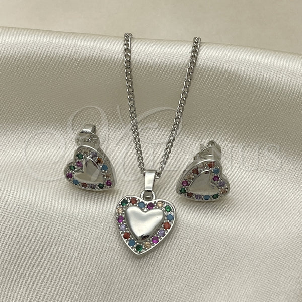 Juego de Arete y Dije de Adulto 10.233.0034.3 Rodio Laminado, Diseño de Corazón, con Zirconia Cubica Multicolor, Pulido, Rodinado
