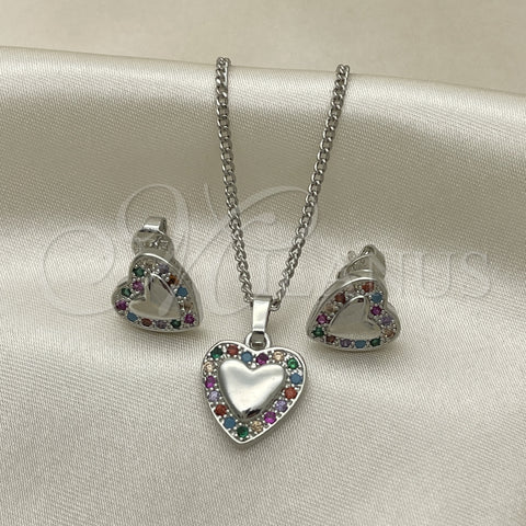 Juego de Arete y Dije de Adulto 10.233.0034.3 Rodio Laminado, Diseño de Corazón, con Zirconia Cubica Multicolor, Pulido, Rodinado