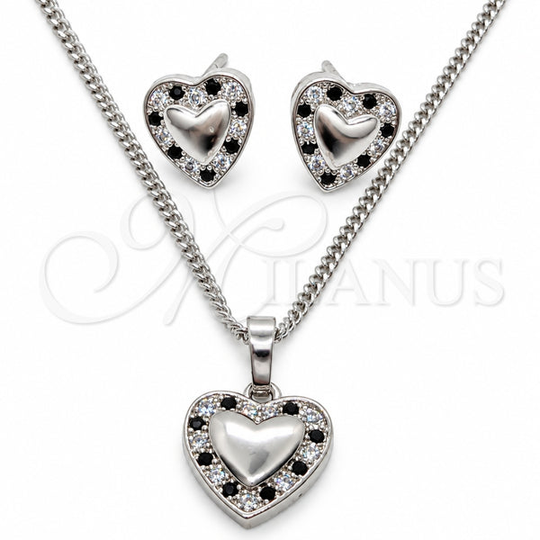Juego de Arete y Dije de Adulto 10.233.0034.4 Rodio Laminado, Diseño de Corazón, con Zirconia Cubica Negro, Pulido, Rodinado