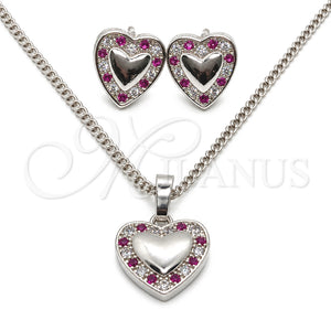 Juego de Arete y Dije de Adulto 10.233.0034.5 Rodio Laminado, Diseño de Corazón, con Zirconia Cubica Rubi y Blanca, Pulido, Rodinado