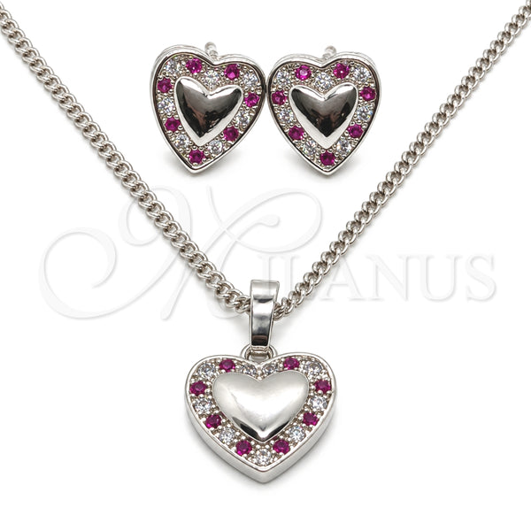 Juego de Arete y Dije de Adulto 10.233.0034.5 Rodio Laminado, Diseño de Corazón, con Zirconia Cubica Rubi y Blanca, Pulido, Rodinado