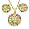 Juego de Arete y Dije de Adulto 10.233.0035 Oro Laminado, Diseño de Ãrbol, con Zirconia Cubica Multicolor, Pulido, Tono Dorado