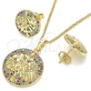 Juego de Arete y Dije de Adulto 10.233.0035 Oro Laminado, Diseño de Ãrbol, con Zirconia Cubica Multicolor, Pulido, Tono Dorado