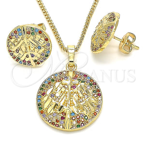 Juego de Arete y Dije de Adulto 10.233.0035 Oro Laminado, Diseño de Ãrbol, con Zirconia Cubica Multicolor, Pulido, Tono Dorado