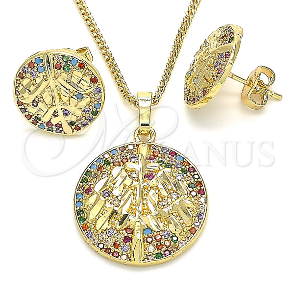 Juego de Arete y Dije de Adulto 10.233.0035 Oro Laminado, Diseño de Ãrbol, con Zirconia Cubica Multicolor, Pulido, Tono Dorado