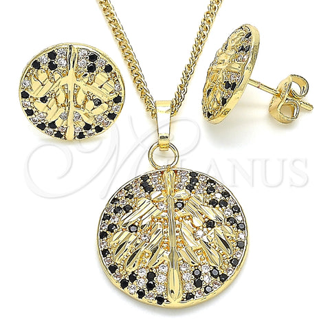 Juego de Arete y Dije de Adulto 10.233.0035.1 Oro Laminado, Diseño de Ãrbol, con Negro and Blanca Zirconia Cubica, Pulido, Tono Dorado