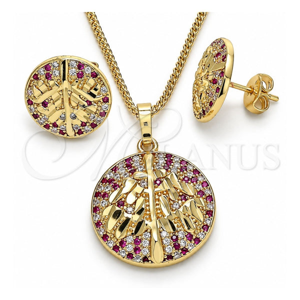 Juego de Arete y Dije de Adulto 10.233.0035.2 Oro Laminado, Diseño de Ãrbol, con Rubi and Blanca Zirconia Cubica, Pulido, Tono Dorado