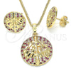 Juego de Arete y Dije de Adulto 10.233.0035.2 Oro Laminado, Diseño de Ãrbol, con Rubi and Blanca Zirconia Cubica, Pulido, Tono Dorado