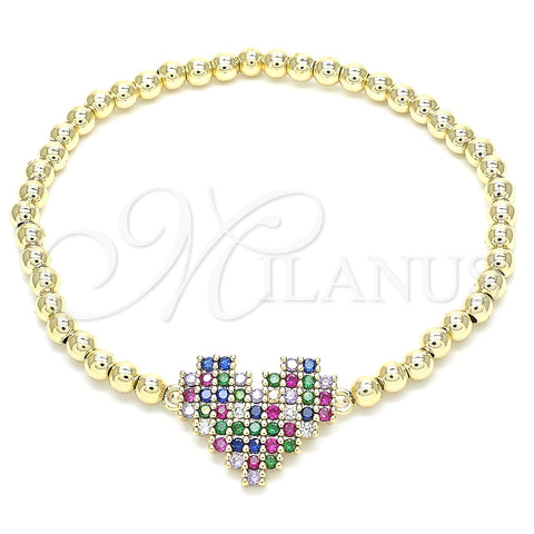Pulsera Elegante 03.299.0030.07 Oro Laminado, Diseño de Bead Expandible y Corazón, con Multicolor Zirconia Cubica, Pulido, Tono Dorado (04 MM Thickness, 7 Inches Length)