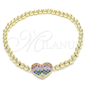 Pulsera Elegante 03.299.0031.07 Oro Laminado, Diseño de Bead Expandible y Corazón, con Multicolor Zirconia Cubica, Pulido, Tono Dorado (04 MM Thickness, 7 Inches Length)