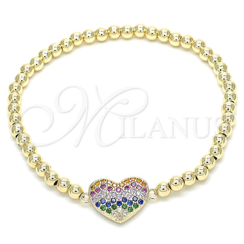 Pulsera Elegante 03.299.0031.07 Oro Laminado, Diseño de Bead Expandible y Corazón, con Multicolor Zirconia Cubica, Pulido, Tono Dorado (04 MM Thickness, 7 Inches Length)