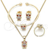 Juego de Arete y Dije de Nino 06.210.0013 Oro Laminado, Diseño de Búho, con Multicolor Zirconia Cubica, Pulido, Tono Dorado