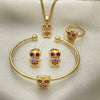 Juego de Arete y Dije de Nino 06.210.0013 Oro Laminado, Diseño de Búho, con Multicolor Zirconia Cubica, Pulido, Tono Dorado
