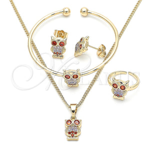Juego de Arete y Dije de Nino 06.210.0013 Oro Laminado, Diseño de Búho, con Multicolor Zirconia Cubica, Pulido, Tono Dorado