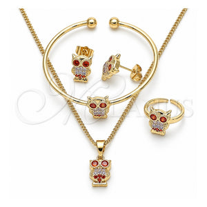 Juego de Arete y Dije de Nino 06.210.0013 Oro Laminado, Diseño de Búho, con Multicolor Zirconia Cubica, Pulido, Tono Dorado
