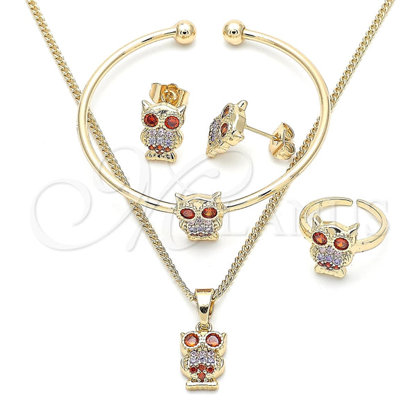 Juego de Arete y Dije de Nino 06.210.0013 Oro Laminado, Diseño de Búho, con Multicolor Zirconia Cubica, Pulido, Tono Dorado