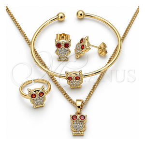 Juego de Arete y Dije de Nino 06.210.0013.1 Oro Laminado, Diseño de Búho, con Blanca and Granate Zirconia Cubica, Pulido, Tono Dorado