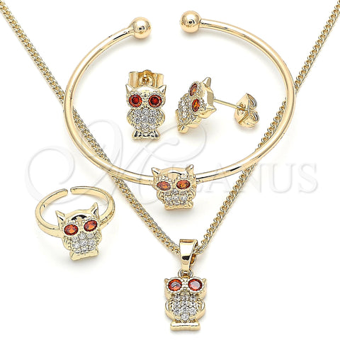 Juego de Arete y Dije de Nino 06.210.0013.1 Oro Laminado, Diseño de Búho, con Blanca and Granate Zirconia Cubica, Pulido, Tono Dorado