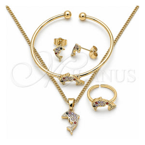 Juego de Arete y Dije de Nino 06.210.0012 Oro Laminado, Diseño de Delfín, con Multicolor Zirconia Cubica, Pulido, Tono Dorado