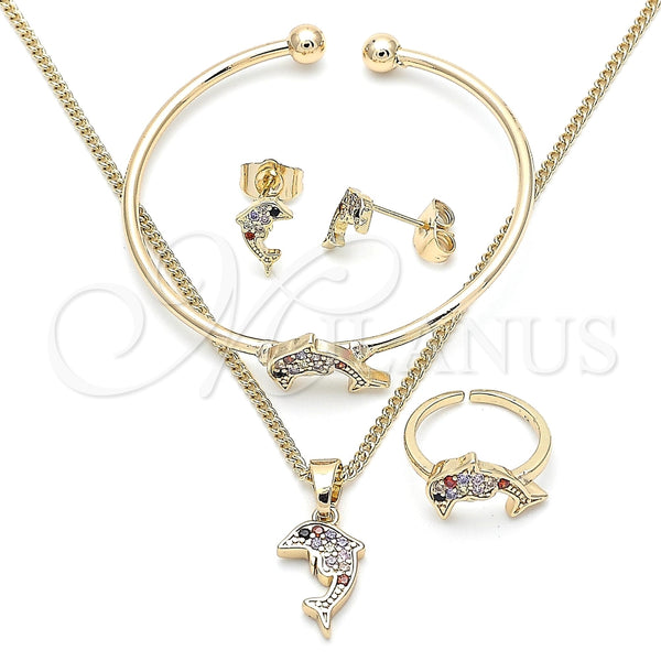 Juego de Arete y Dije de Nino 06.210.0012 Oro Laminado, Diseño de Delfín, con Multicolor Zirconia Cubica, Pulido, Tono Dorado