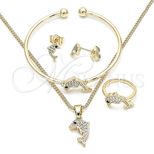 Juego de Arete y Dije de Nino 06.210.0012.1 Oro Laminado, Diseño de Delfín, con Blanca and Negro Zirconia Cubica, Pulido, Tono Dorado