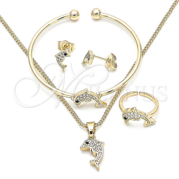 Juego de Arete y Dije de Nino 06.210.0012.1 Oro Laminado, Diseño de Delfín, con Blanca and Negro Zirconia Cubica, Pulido, Tono Dorado