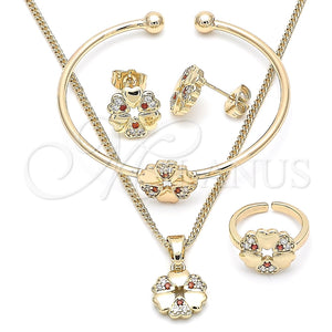 Juego de Arete y Dije de Nino 06.210.0018 Oro Laminado, Diseño de Flor y Corazón, con Zirconia Cubica Granate y Blanca, Pulido, Tono Dorado