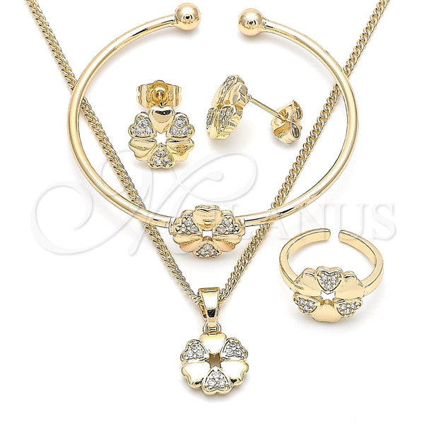 Juego de Arete y Dije de Nino 06.210.0018.1 Oro Laminado, Diseño de Flor y Corazón, con Zirconia Cubica Blanca, Pulido, Tono Dorado