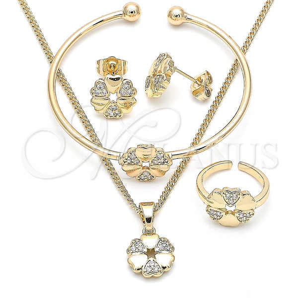 Juego de Arete y Dije de Nino 06.210.0018.1 Oro Laminado, Diseño de Flor y Corazón, con Blanca Zirconia Cubica, Pulido, Tono Dorado