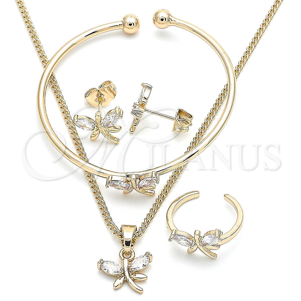 Juego de Arete y Dije de Nino 06.210.0020.1 Oro Laminado, Diseño de Libélula, con Blanca Zirconia Cubica, Pulido, Tono Dorado
