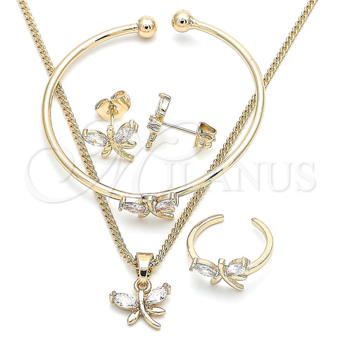 Juego de Arete y Dije de Nino 06.210.0020.1 Oro Laminado, Diseño de Libélula, con Blanca Zirconia Cubica, Pulido, Tono Dorado