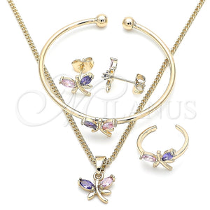 Juego de Arete y Dije de Nino 06.210.0020 Oro Laminado, Diseño de Libélula, con Zirconia Cubica Multicolor, Pulido, Tono Dorado