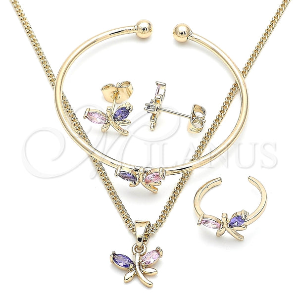 Juego de Arete y Dije de Nino 06.210.0020 Oro Laminado, Diseño de Libélula, con Zirconia Cubica Multicolor, Pulido, Tono Dorado