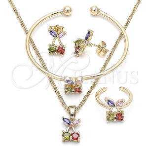 Juego de Arete y Dije de Nino 06.210.0019 Oro Laminado, Diseño de Cereza, con Zirconia Cubica Multicolor, Pulido, Tono Dorado