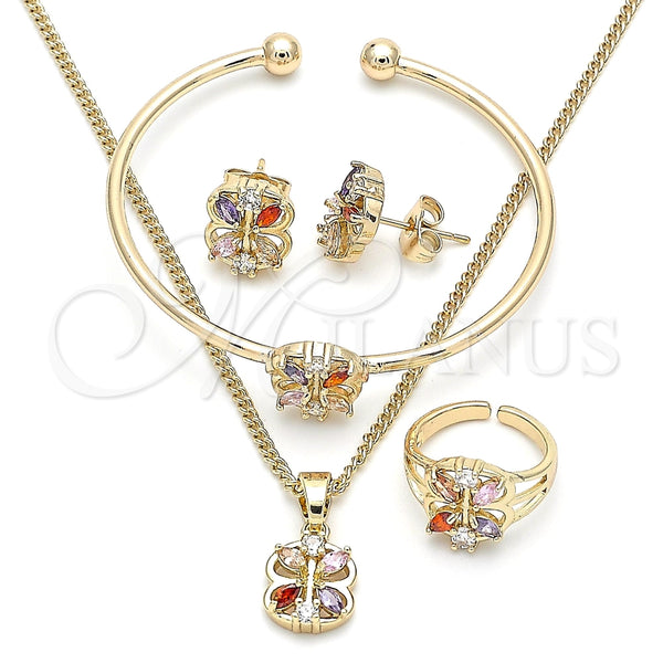 Juego de Arete y Dije de Nino 06.210.0016 Oro Laminado, Diseño de Flor, con Zirconia Cubica Multicolor, Pulido, Tono Dorado