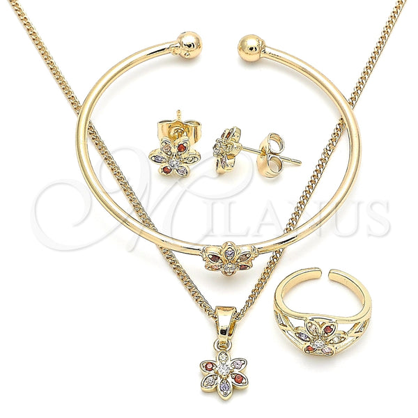 Juego de Arete y Dije de Nino 06.210.0015 Oro Laminado, Diseño de Flor, con Zirconia Cubica Multicolor, Pulido, Tono Dorado