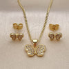 Juego de Arete y Dije de Adulto 10.199.0132 Oro Laminado, Diseño de Mariposa, con Blanca Micro Pave, Pulido, Tono Dorado