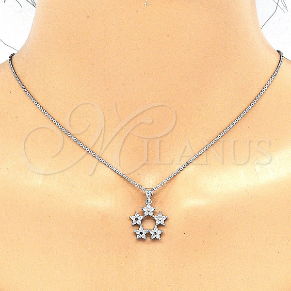 Juego de Arete y Dije de Adulto 10.199.0141 Rodio Laminado, Diseño de Flor y Estrella, con Zirconia Cubica Blanca, Pulido, Rodinado