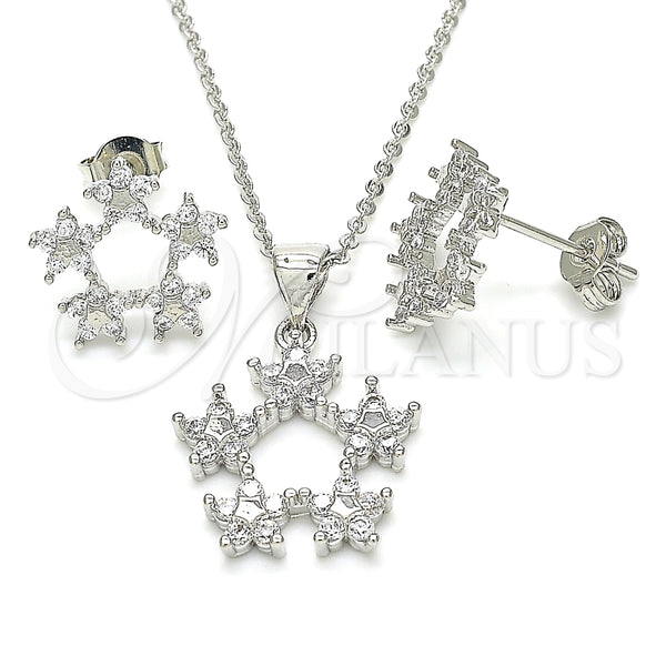 Juego de Arete y Dije de Adulto 10.199.0141 Rodio Laminado, Diseño de Flor y Estrella, con Zirconia Cubica Blanca, Pulido, Rodinado
