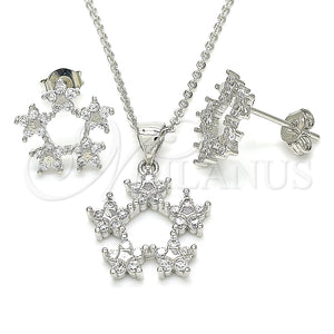 Juego de Arete y Dije de Adulto 10.199.0141 Rodio Laminado, Diseño de Flor y Estrella, con Zirconia Cubica Blanca, Pulido, Rodinado